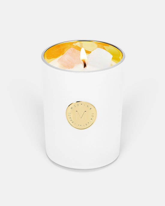 Load image into Gallery viewer, Golden Hour Infused with Amethyst and Opalite Gemstone Soy Candle
