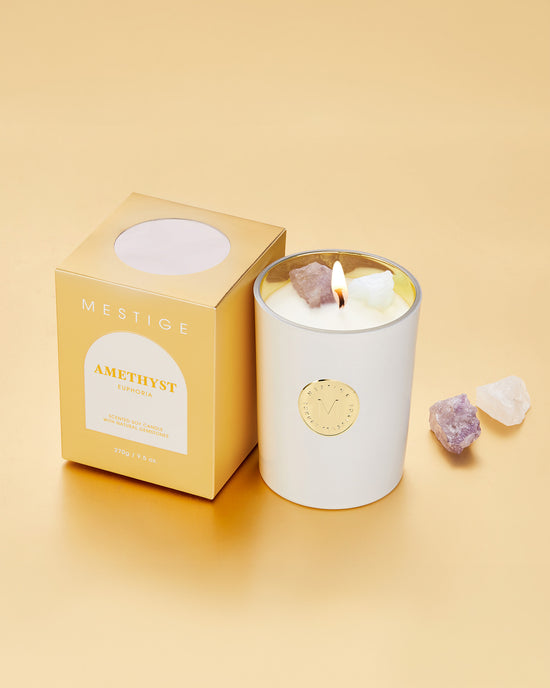 Load image into Gallery viewer, Golden Hour Infused with Rose Quartz and Opalite Gemstone Soy Candle
