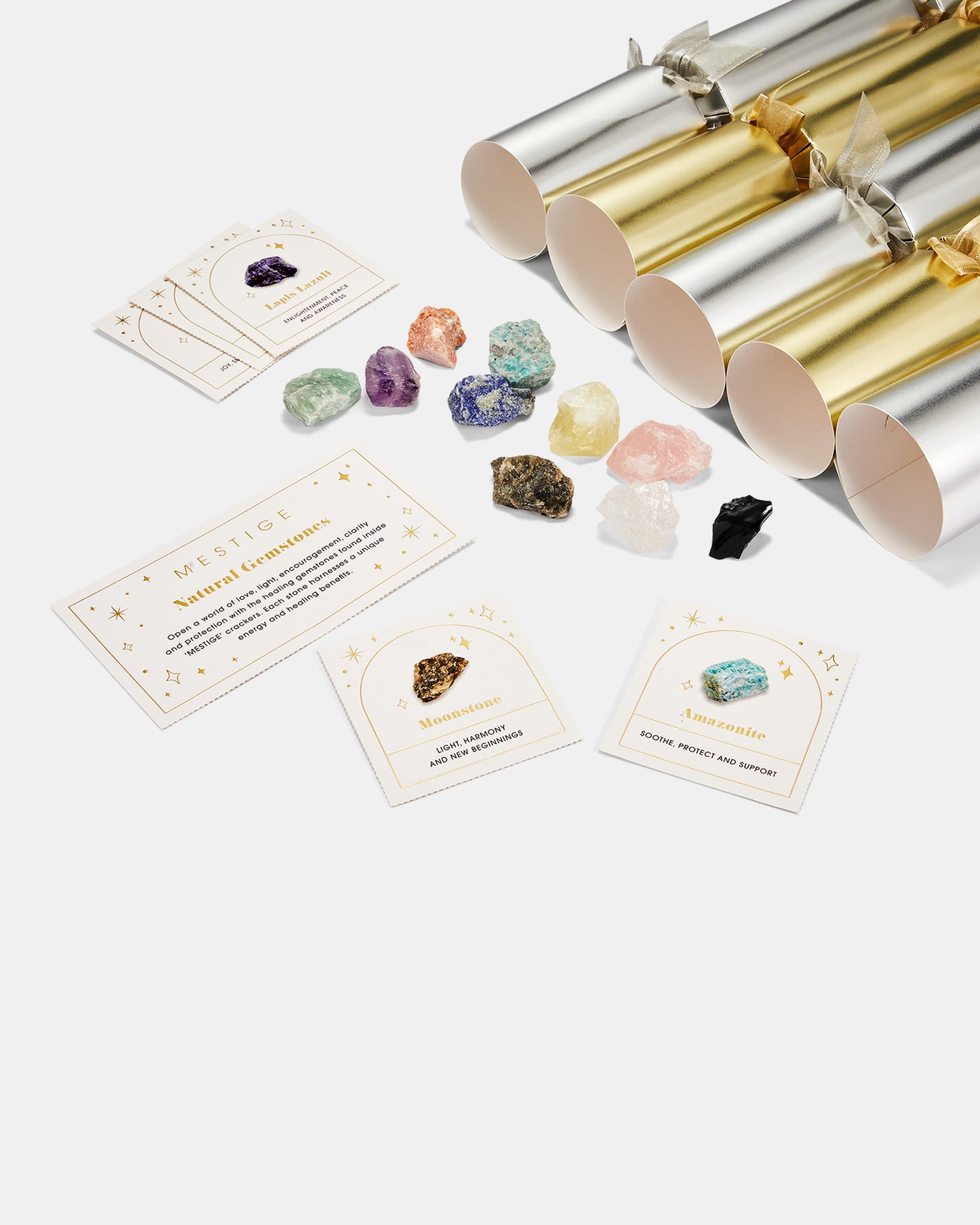 Wellness 10 Pack Crackers with Natural Gemstones - Golden and Silver Matte