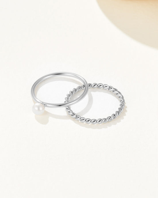 Delicate Pearl Stacking Ring Set - Silver Plated