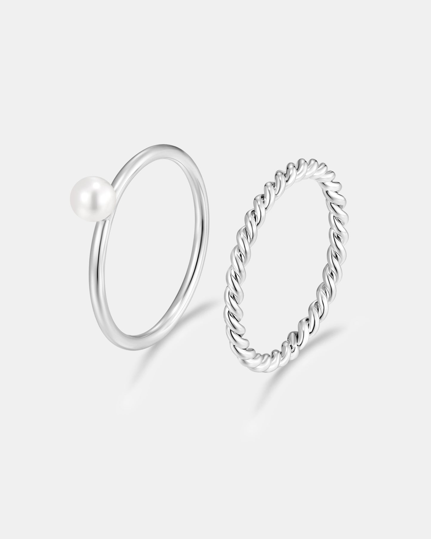 Delicate Pearl Stacking Ring Set - Silver Plated