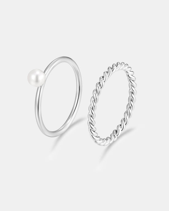 Delicate Pearl Stacking Ring Set - Silver Plated