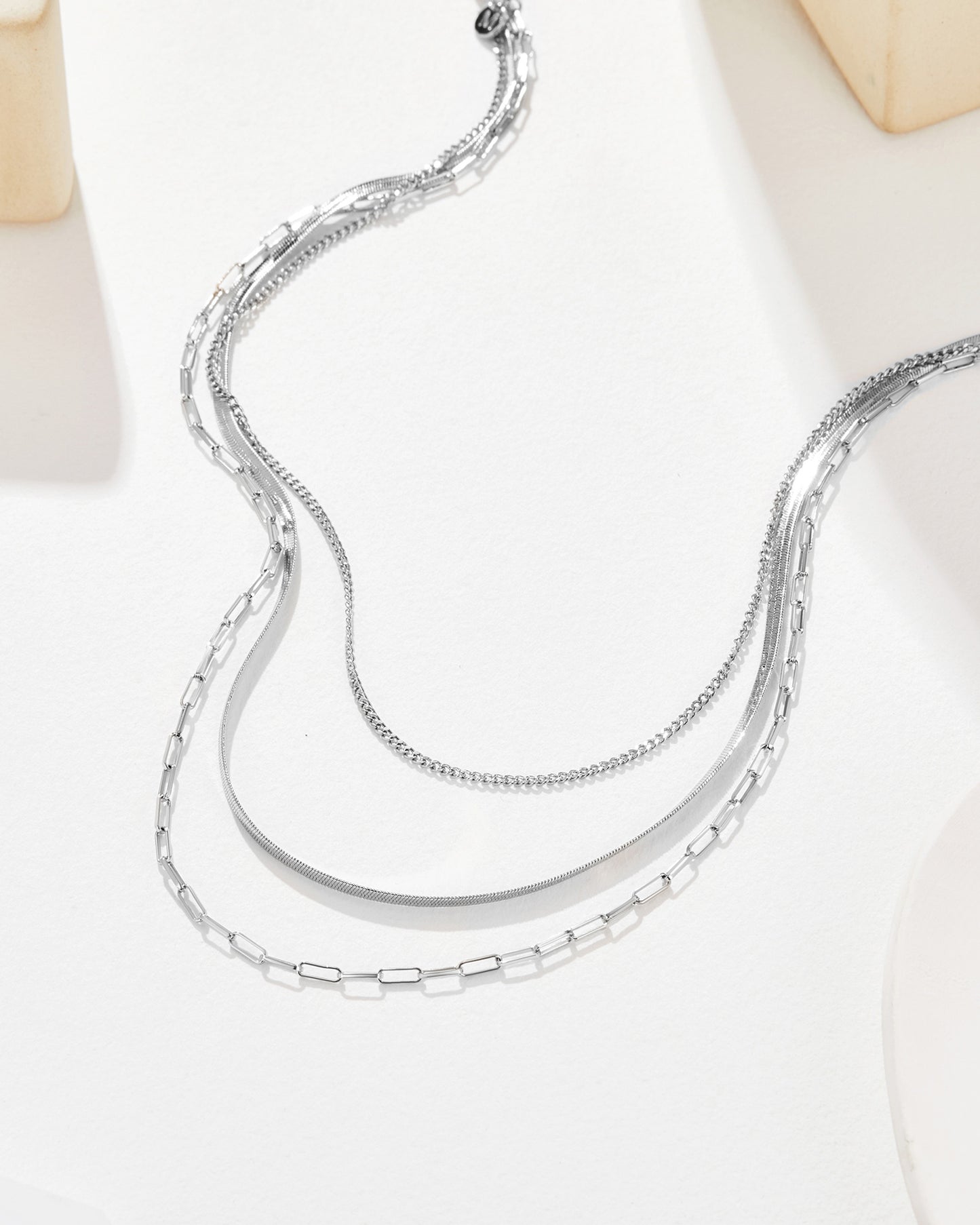Moonlit Three Strand Chain Necklace - Silver Plated