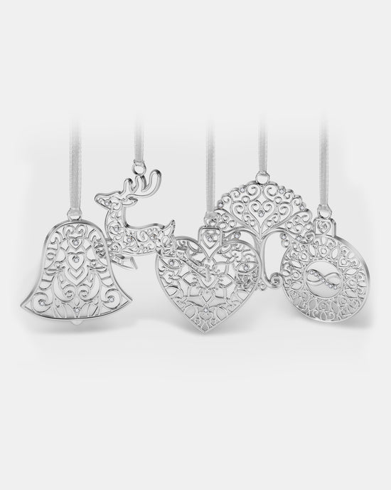 Load image into Gallery viewer, 5 Piece Festive Ornaments Set in Silver
